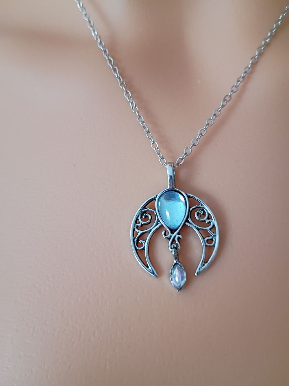 Silver Tone Blue Teardrop Crescent Pendant Necklace - Women Jewelry